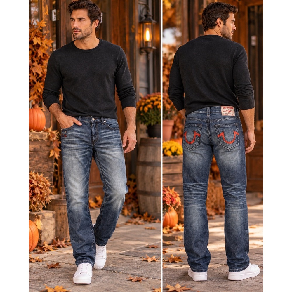 True Religion Rocco Jeans Mens 38 Dark Wash Straight Leg Red Plaid Pockets Logo
